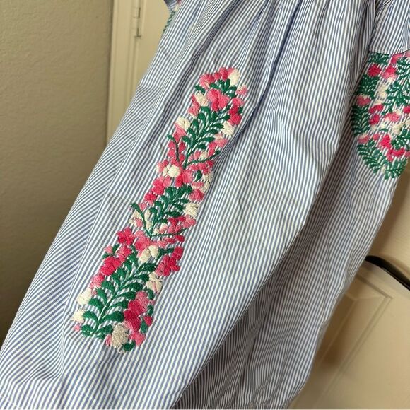 MI GOLONDRINA Blue White Striped Floral Embroidered Soledad Blouse Sz S Bohemian - Picture 5 of 9